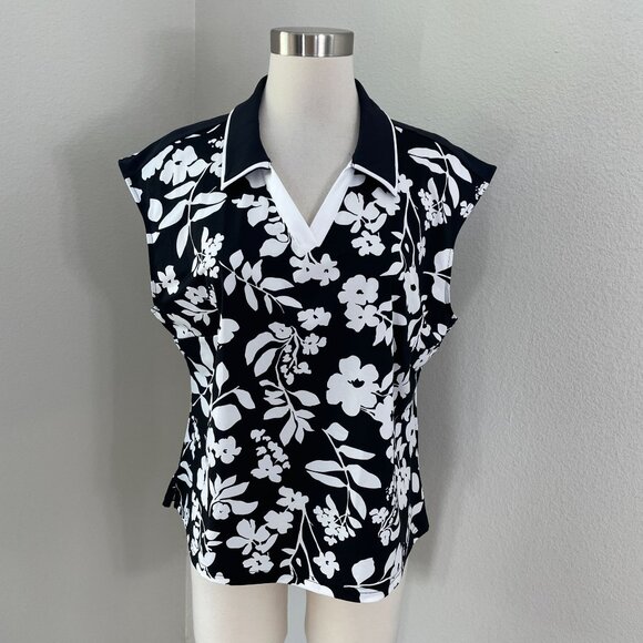 Kinona Tops - Kinona Womens XL Sleeveless Floral Polo Top Black White Golf Shirt Stretch